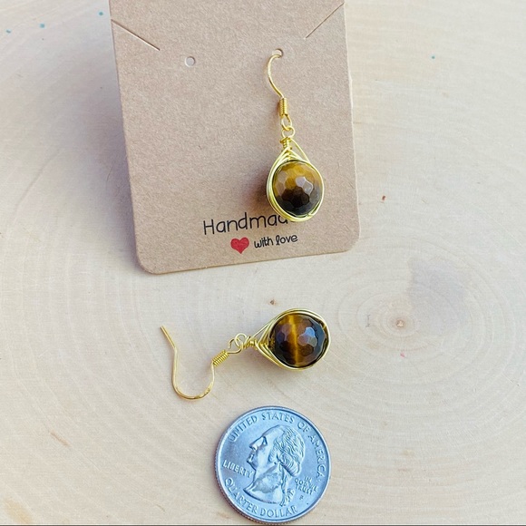 Tiger Eye Earrings Wire Wrapped Dangle Gold - Picture 2 of 5